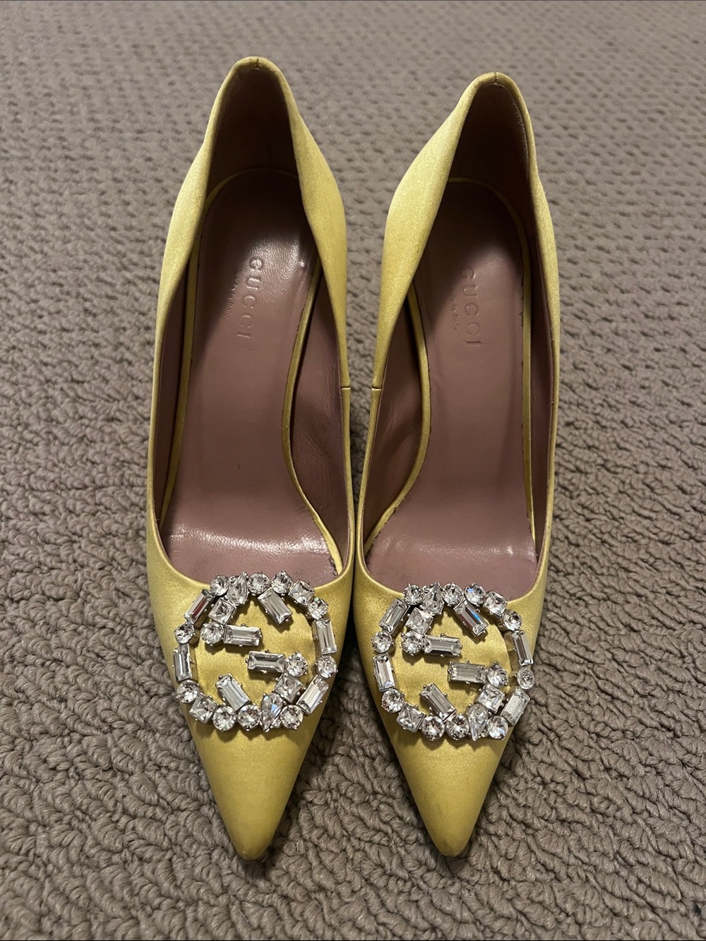 Gucci Yellow Satin GG Pointed-Toe Pumps with Crystal Logo